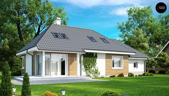 Z105. Projekt hiše z mansardo, tradicionalne oblike, s štirikapno streho in garažo