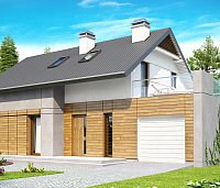 Tipski načrt moderne hiše s povišanim kolenčnim zidom in teraso nad garažo