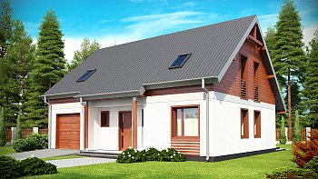 Z164. Tipski načrt lepe hiše z garažo in dvokapno streho, primerna tudi za manjše parcele