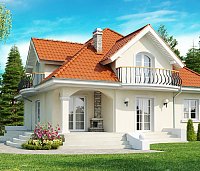 Načrt lepe, funkcionalne in elegantne hiše z izkoriščeno mansardo in lepimi balkoni