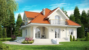 Načrt lepe, funkcionalne in elegantne hiše z izkoriščeno mansardo in lepimi balkoni