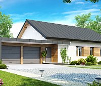Načrt podaljšane pritlične hiše z bočno garažo za dva avta, v modernem stilu