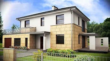 Z29. Načrt moderne in lepe nadstropne hiša, enostavne oblike, s teraso nad garažo.