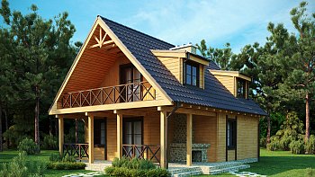 Hiša iz lesa, mogoča tudi zidana verzija, s pokrito teraso in balkonom, idealna kot vikendica.