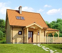 Manjša in lepa lesena hiša s teraso, enostavna in cenovno ugodna za gradnjo, za vikend hišo