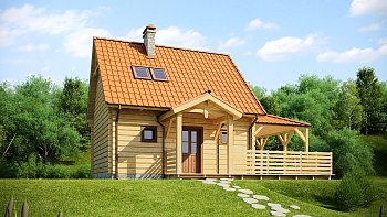 Manjša in lepa lesena hiša s teraso, enostavna in cenovno ugodna za gradnjo, za vikend hišo