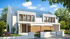 Projekt moderne, funkcionalne hiše - dvojčka z večjimi steklenimi površinami in garažo