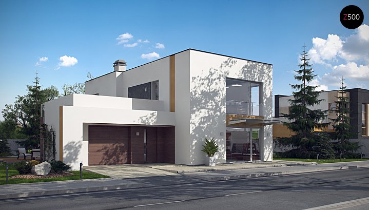 Zx64. Luksuzna hiša v modernem stilu, z ločenim lokalom v prednjem delu hiše.